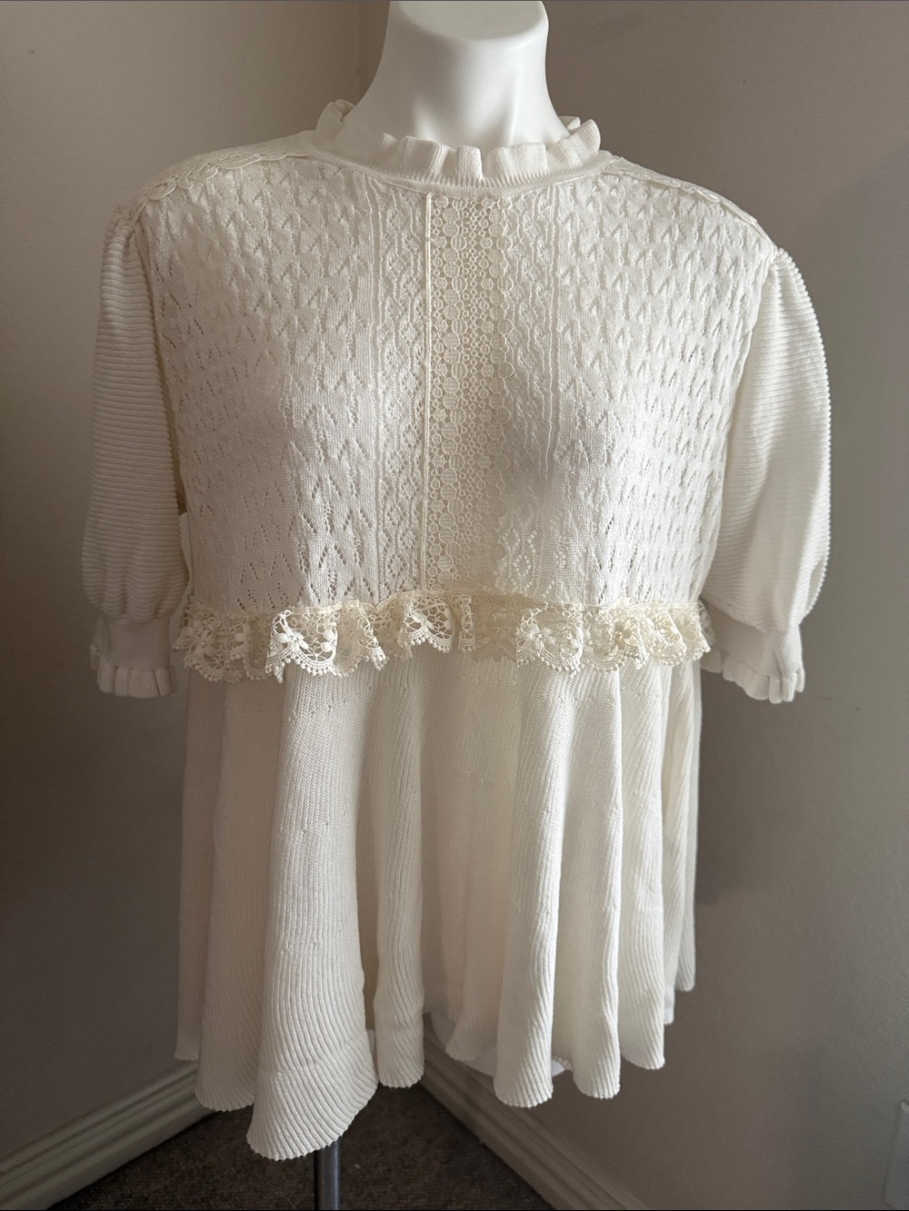 Zara Cream Lace-Trim Ruffled Babydoll Knit Top - XL